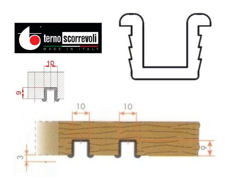 BINARIO PLASTICA TERNO 730 620 PER PATTINI 638 639 640 643 ANTE SCORREVOLI  MT. 2